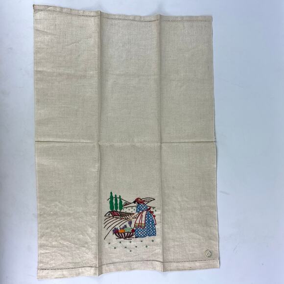 Vintage Czechoslovakia Linen Dish Towel Embroidered Farm Woman Scene 20x30" - Picture 3 of 5